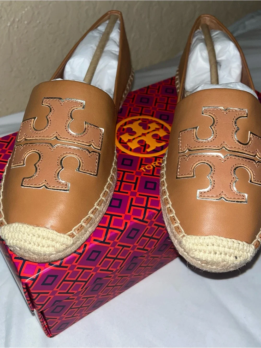 Tory Burch Tan Leather Logo Espadrille Flats